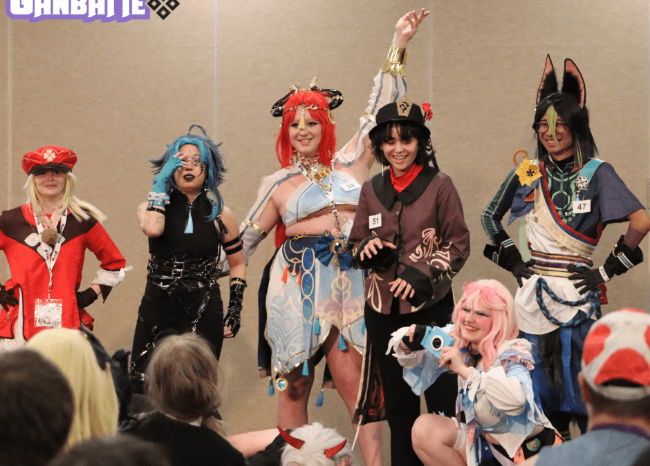 A group of attendee's in cosplay posing for the camera at Ganbatte 2023. Image Used for Convention Survival Tips and Tricks